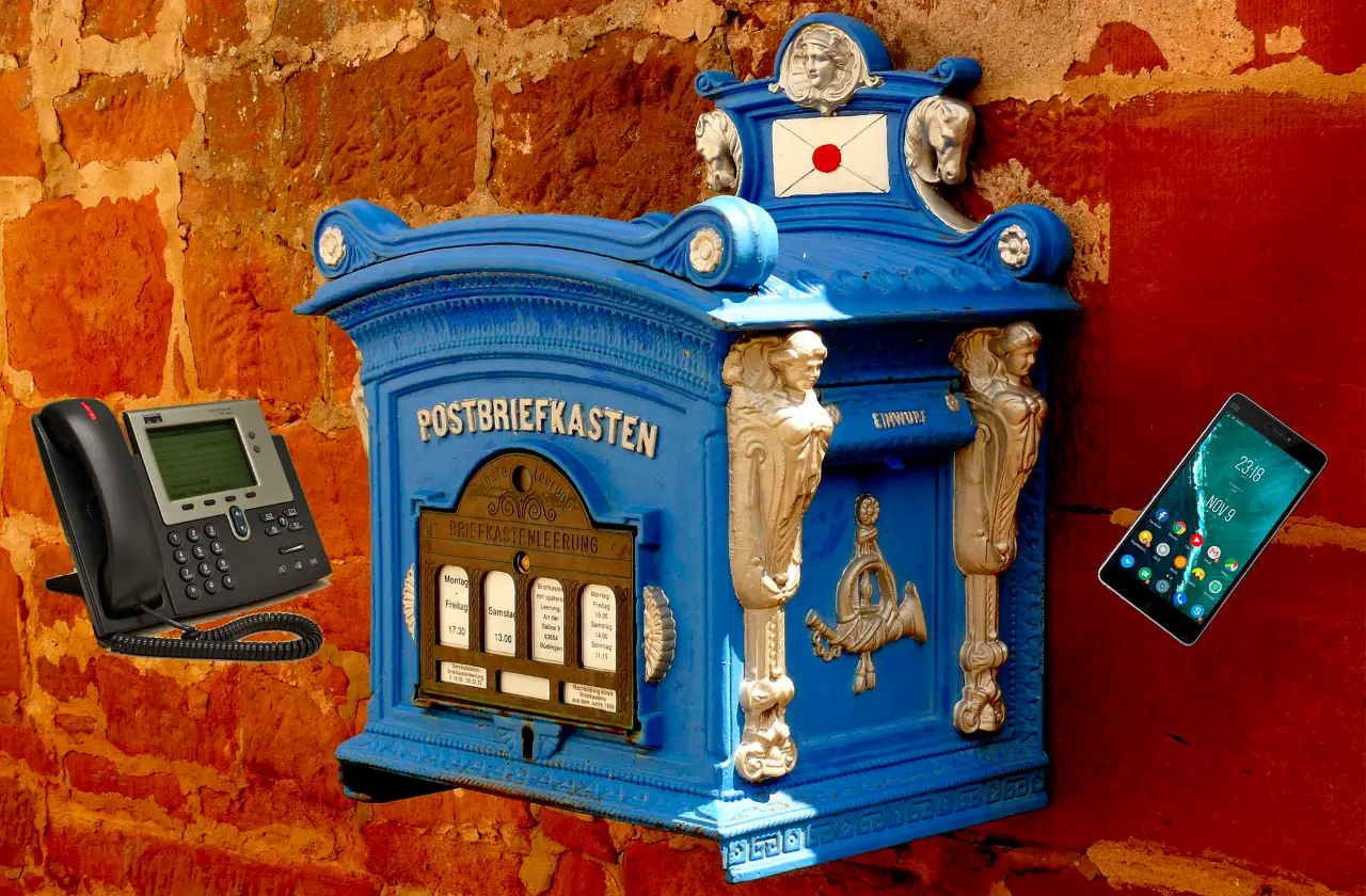 Festnetztelefon, Handy und öffentlicher Briefkasten an einer Außenwand
